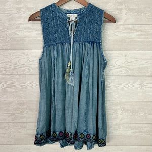 RACHEL ZOE Embroidered Tassle Chambray Boho Southwest Peasant Tank S bohemian